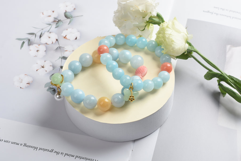 New Arrival Special Offer | Aquamarine, Beige Jade, Pink Ceramic, Green Chalcedony | Natural Crystal Bracelet
