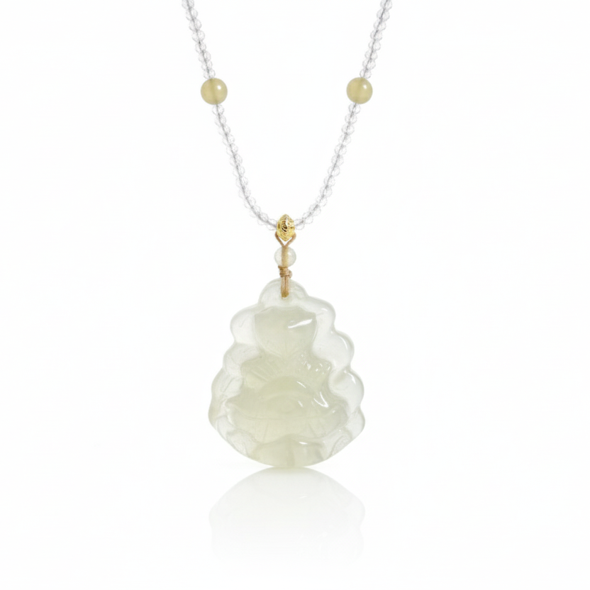 九尾狐 | 淡黄绿色岫玉 | 天然玉石項鍊